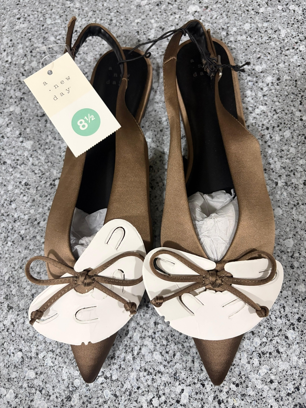a new day Bronze Pointed Slingback Flats with White Bow Accent